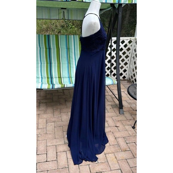 Lulus Womens Blue Gown Medium Madalyn V Neck Lace Chiffon Full Length Maxi - Picture 4 of 15